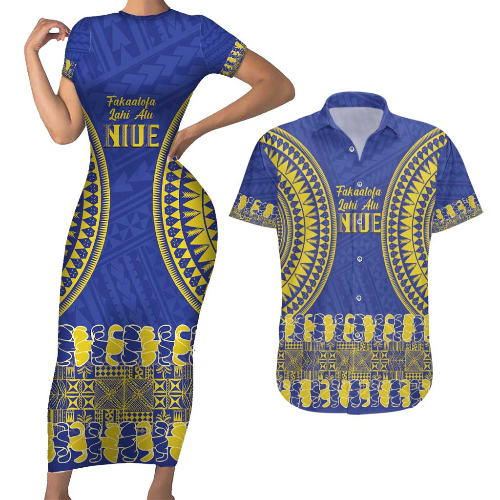 Fakaalofa Lahi Atu Niue Couples Matching Short Sleeve Bodycon Dress and Hawaiian Shirt Siapo Pattern With Puakenikeni LT14 Blue - Polynesian Pride