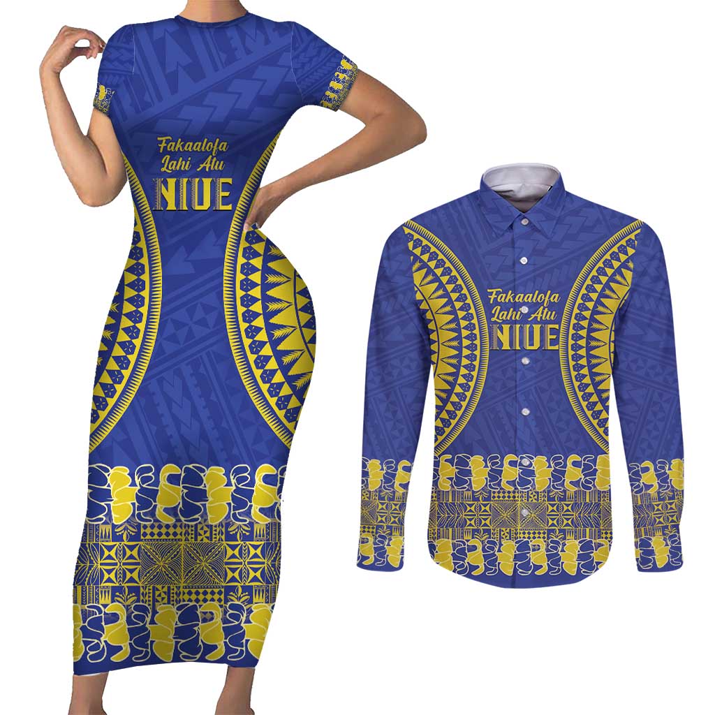 Fakaalofa Lahi Atu Niue Couples Matching Short Sleeve Bodycon Dress and Long Sleeve Button Shirt Siapo Pattern With Puakenikeni LT14 Blue - Polynesian Pride