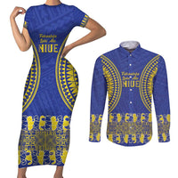 Fakaalofa Lahi Atu Niue Couples Matching Short Sleeve Bodycon Dress and Long Sleeve Button Shirt Siapo Pattern With Puakenikeni LT14 Blue - Polynesian Pride
