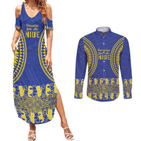 Fakaalofa Lahi Atu Niue Couples Matching Summer Maxi Dress and Long Sleeve Button Shirt Siapo Pattern With Puakenikeni LT14 Blue - Polynesian Pride