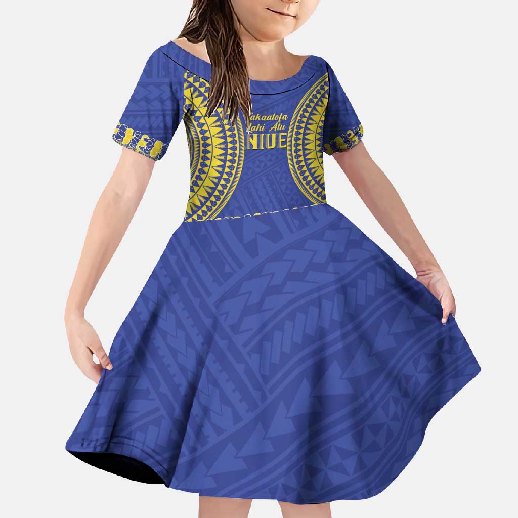 Fakaalofa Lahi Atu Niue Family Matching Long Sleeve Bodycon Dress and Hawaiian Shirt Siapo Pattern With Puakenikeni LT14 Daughter's Dress Blue - Polynesian Pride