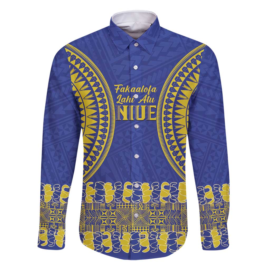Fakaalofa Lahi Atu Niue Family Matching Long Sleeve Bodycon Dress and Hawaiian Shirt Siapo Pattern With Puakenikeni LT14 Dad's Shirt - Long Sleeve Blue - Polynesian Pride