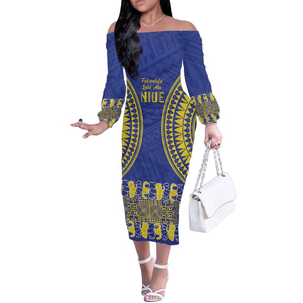 Fakaalofa Lahi Atu Niue Family Matching Off The Shoulder Long Sleeve Dress and Hawaiian Shirt Siapo Pattern With Puakenikeni LT14 Mom's Dress Blue - Polynesian Pride