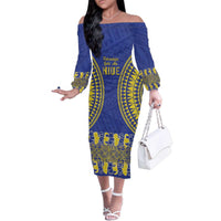Fakaalofa Lahi Atu Niue Family Matching Off The Shoulder Long Sleeve Dress and Hawaiian Shirt Siapo Pattern With Puakenikeni LT14 Mom's Dress Blue - Polynesian Pride