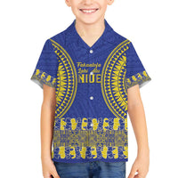 Fakaalofa Lahi Atu Niue Family Matching Off The Shoulder Long Sleeve Dress and Hawaiian Shirt Siapo Pattern With Puakenikeni LT14 Son's Shirt Blue - Polynesian Pride