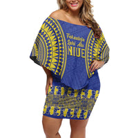 Fakaalofa Lahi Atu Niue Family Matching Off Shoulder Short Dress and Hawaiian Shirt Siapo Pattern With Puakenikeni LT14 Mom's Dress Blue - Polynesian Pride