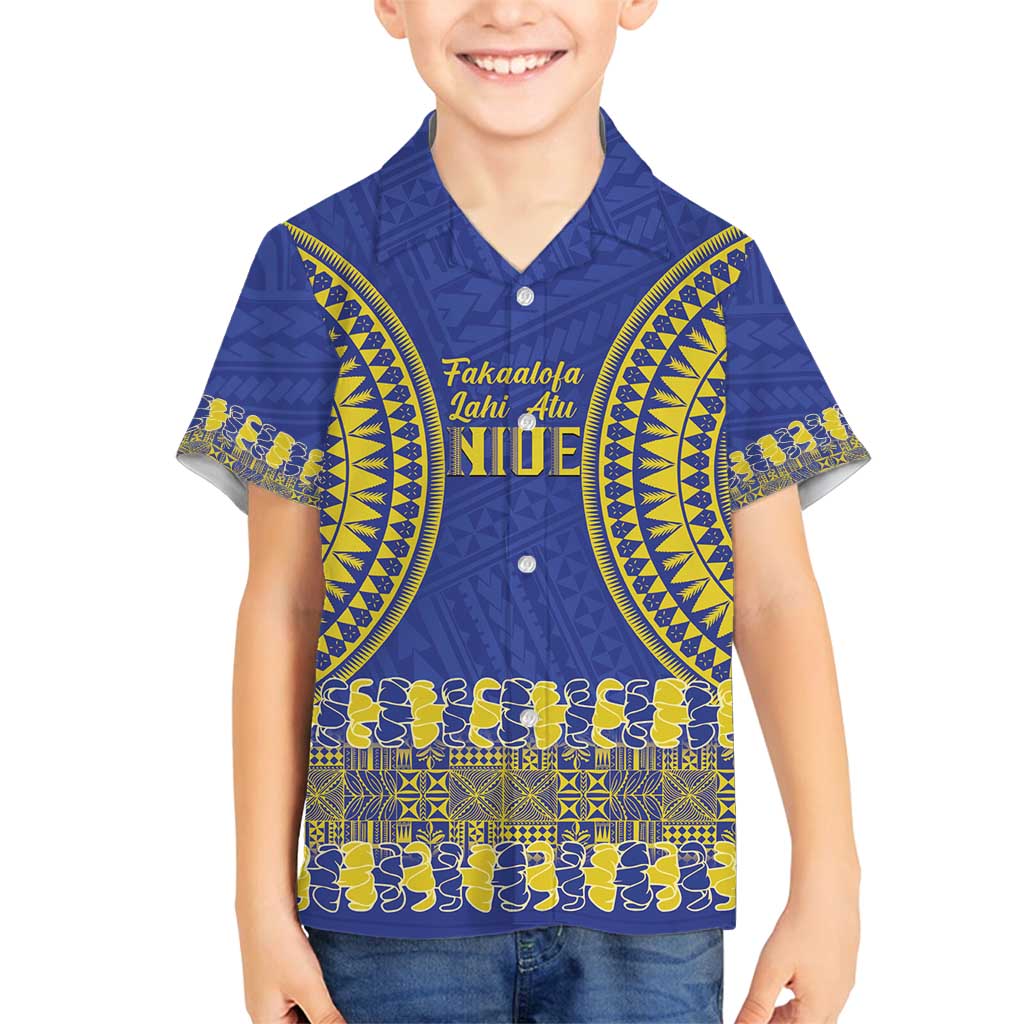 Fakaalofa Lahi Atu Niue Family Matching Off Shoulder Short Dress and Hawaiian Shirt Siapo Pattern With Puakenikeni LT14 Son's Shirt Blue - Polynesian Pride