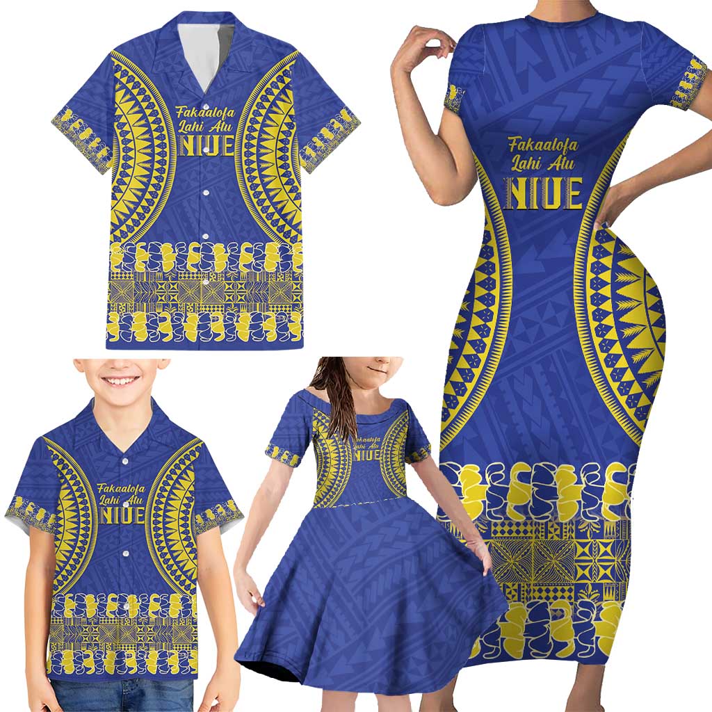 Fakaalofa Lahi Atu Niue Family Matching Short Sleeve Bodycon Dress and Hawaiian Shirt Siapo Pattern With Puakenikeni LT14 - Polynesian Pride