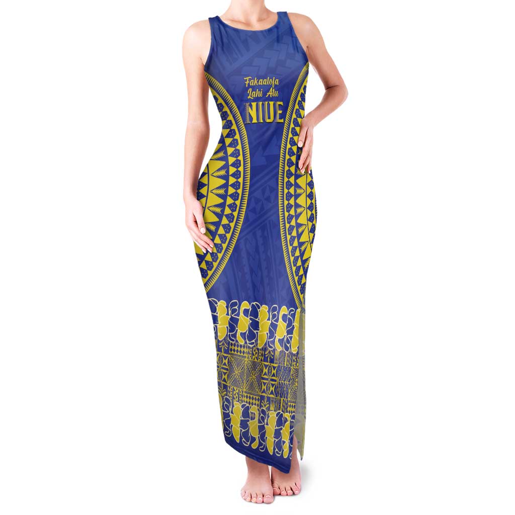 Fakaalofa Lahi Atu Niue Family Matching Tank Maxi Dress and Hawaiian Shirt Siapo Pattern With Puakenikeni LT14 Mom's Dress Blue - Polynesian Pride