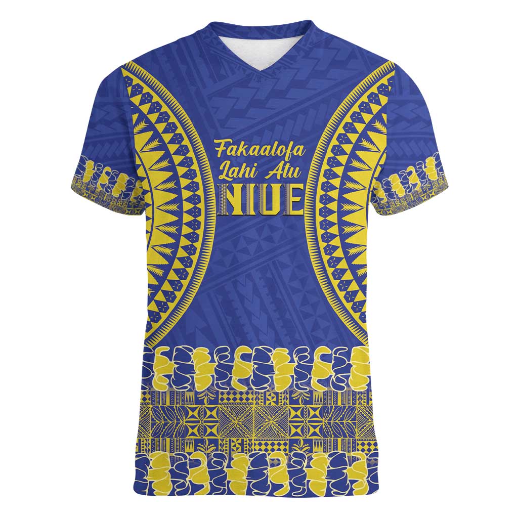 Fakaalofa Lahi Atu Niue Women V-Neck T-Shirt Siapo Pattern With Puakenikeni LT14 Female Blue - Polynesian Pride