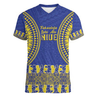 Fakaalofa Lahi Atu Niue Women V-Neck T-Shirt Siapo Pattern With Puakenikeni LT14 Female Blue - Polynesian Pride