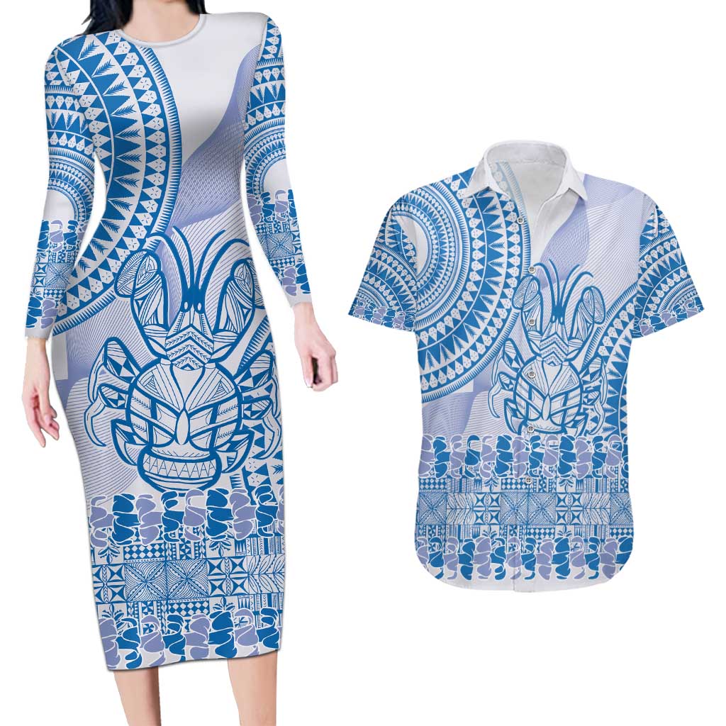 Niue Language Week Couples Matching Long Sleeve Bodycon Dress and Hawaiian Shirt The Rock Coconut Crab - Siapo Blue Pastel LT14 Blue - Polynesian Pride