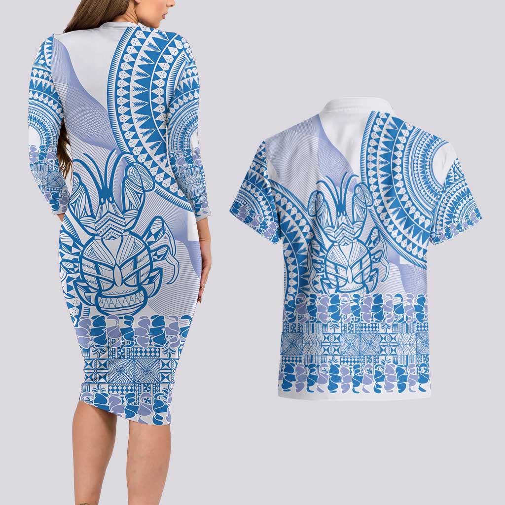 Niue Language Week Couples Matching Long Sleeve Bodycon Dress and Hawaiian Shirt The Rock Coconut Crab - Siapo Blue Pastel LT14 - Polynesian Pride