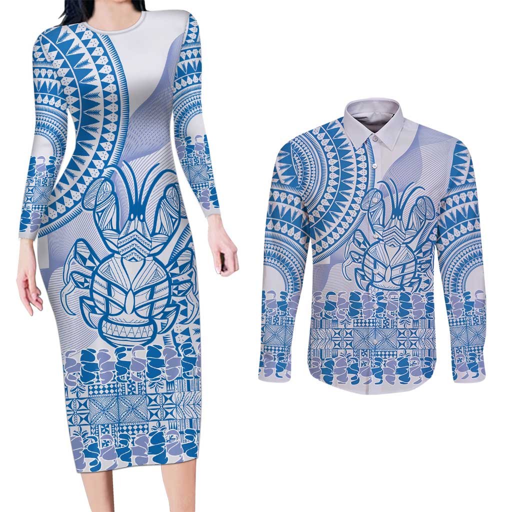 Niue Language Week Couples Matching Long Sleeve Bodycon Dress and Long Sleeve Button Shirt The Rock Coconut Crab - Siapo Blue Pastel LT14 Blue - Polynesian Pride