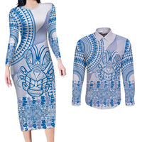 Niue Language Week Couples Matching Long Sleeve Bodycon Dress and Long Sleeve Button Shirt The Rock Coconut Crab - Siapo Blue Pastel LT14 Blue - Polynesian Pride