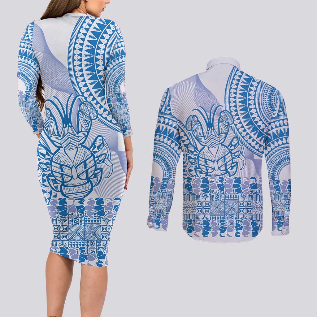Niue Language Week Couples Matching Long Sleeve Bodycon Dress and Long Sleeve Button Shirt The Rock Coconut Crab - Siapo Blue Pastel LT14 - Polynesian Pride