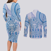 Niue Language Week Couples Matching Long Sleeve Bodycon Dress and Long Sleeve Button Shirt The Rock Coconut Crab - Siapo Blue Pastel LT14 - Polynesian Pride