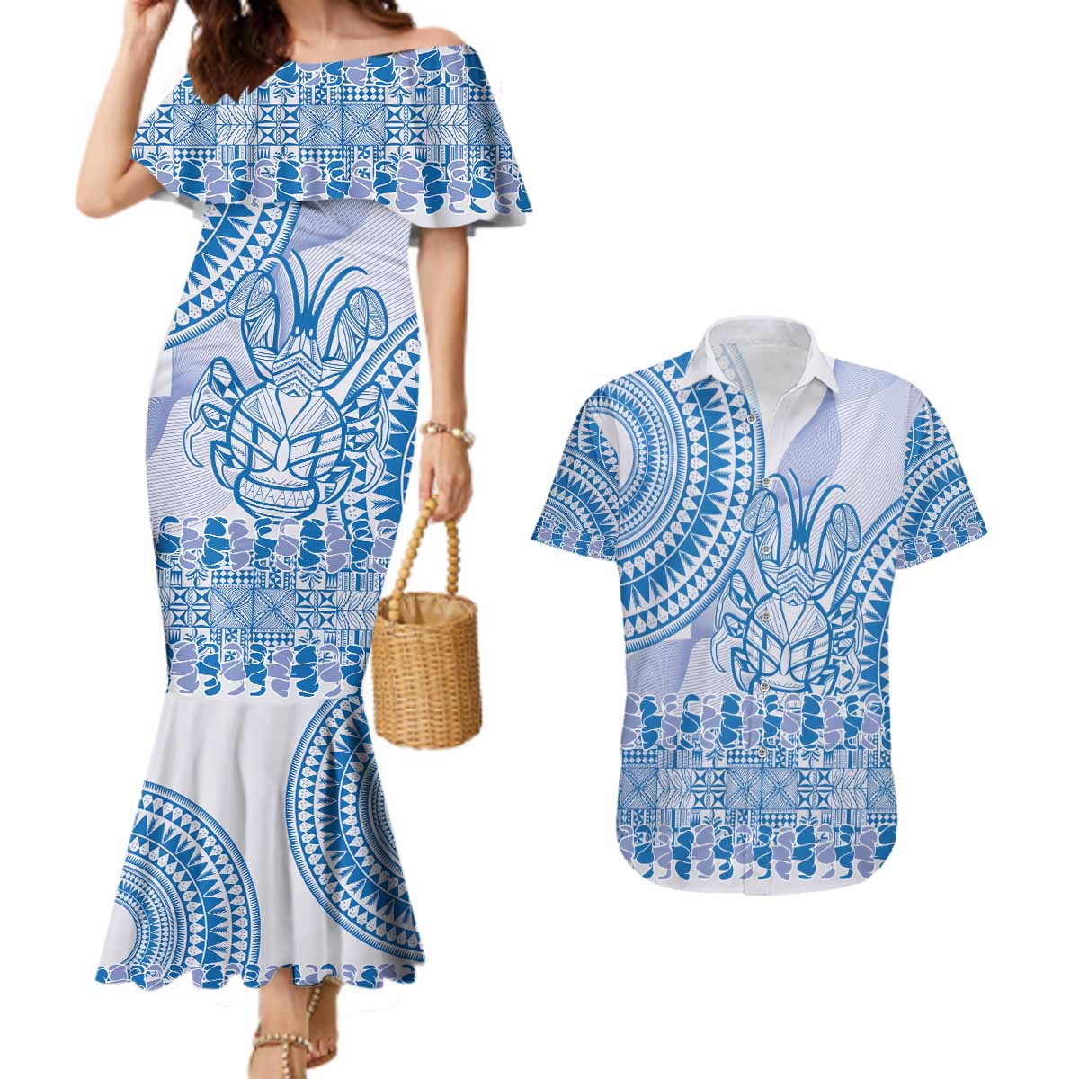 Niue Language Week Couples Matching Mermaid Dress and Hawaiian Shirt The Rock Coconut Crab - Siapo Blue Pastel LT14 Blue - Polynesian Pride