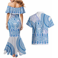 Niue Language Week Couples Matching Mermaid Dress and Hawaiian Shirt The Rock Coconut Crab - Siapo Blue Pastel LT14 - Polynesian Pride