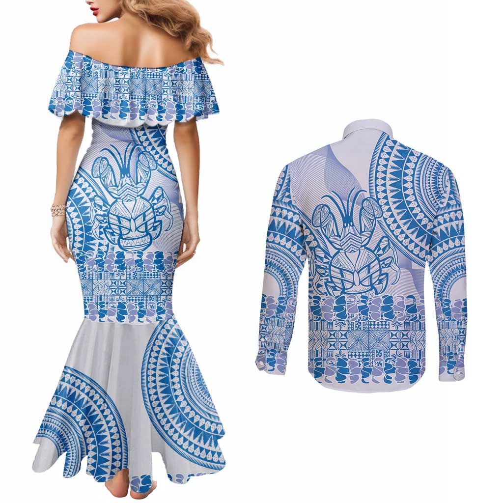 Niue Language Week Couples Matching Mermaid Dress and Long Sleeve Button Shirt The Rock Coconut Crab - Siapo Blue Pastel LT14 - Polynesian Pride