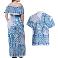 Niue Language Week Couples Matching Off Shoulder Maxi Dress and Hawaiian Shirt The Rock Coconut Crab - Siapo Blue Pastel LT14 - Polynesian Pride
