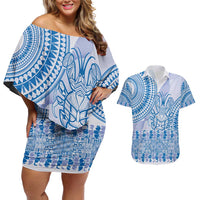 Niue Language Week Couples Matching Off Shoulder Short Dress and Hawaiian Shirt The Rock Coconut Crab - Siapo Blue Pastel LT14 Blue - Polynesian Pride