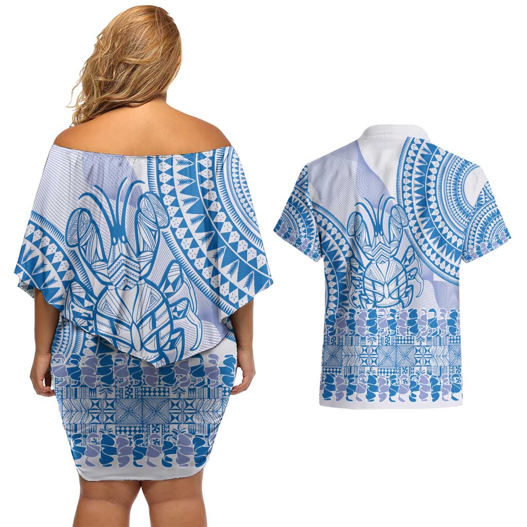 Niue Language Week Couples Matching Off Shoulder Short Dress and Hawaiian Shirt The Rock Coconut Crab - Siapo Blue Pastel LT14 - Polynesian Pride