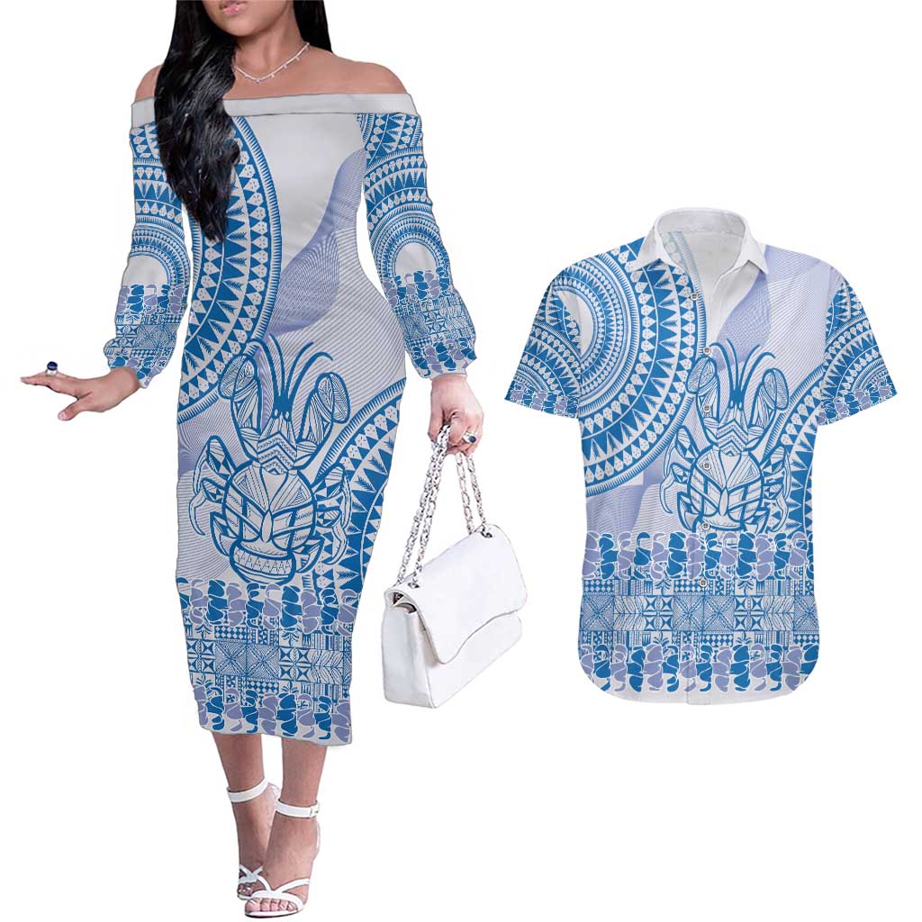Niue Language Week Couples Matching Off The Shoulder Long Sleeve Dress and Hawaiian Shirt The Rock Coconut Crab - Siapo Blue Pastel LT14 Blue - Polynesian Pride