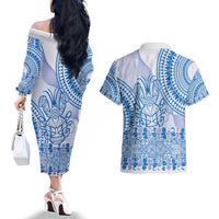 Niue Language Week Couples Matching Off The Shoulder Long Sleeve Dress and Hawaiian Shirt The Rock Coconut Crab - Siapo Blue Pastel LT14 - Polynesian Pride