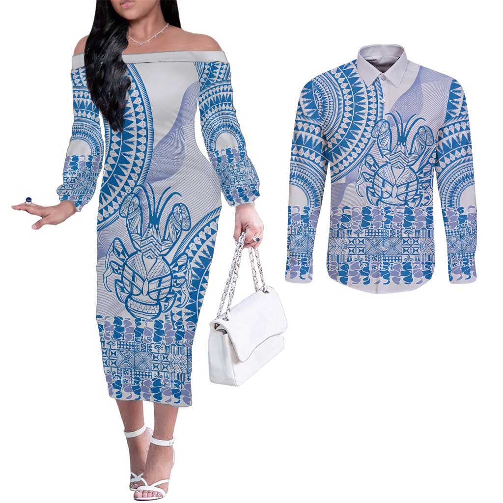 Niue Language Week Couples Matching Off The Shoulder Long Sleeve Dress and Long Sleeve Button Shirt The Rock Coconut Crab - Siapo Blue Pastel LT14 Blue - Polynesian Pride