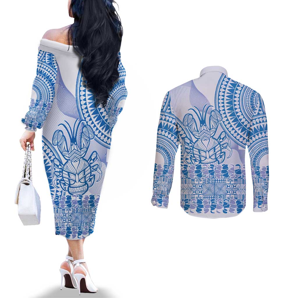 Niue Language Week Couples Matching Off The Shoulder Long Sleeve Dress and Long Sleeve Button Shirt The Rock Coconut Crab - Siapo Blue Pastel LT14 - Polynesian Pride
