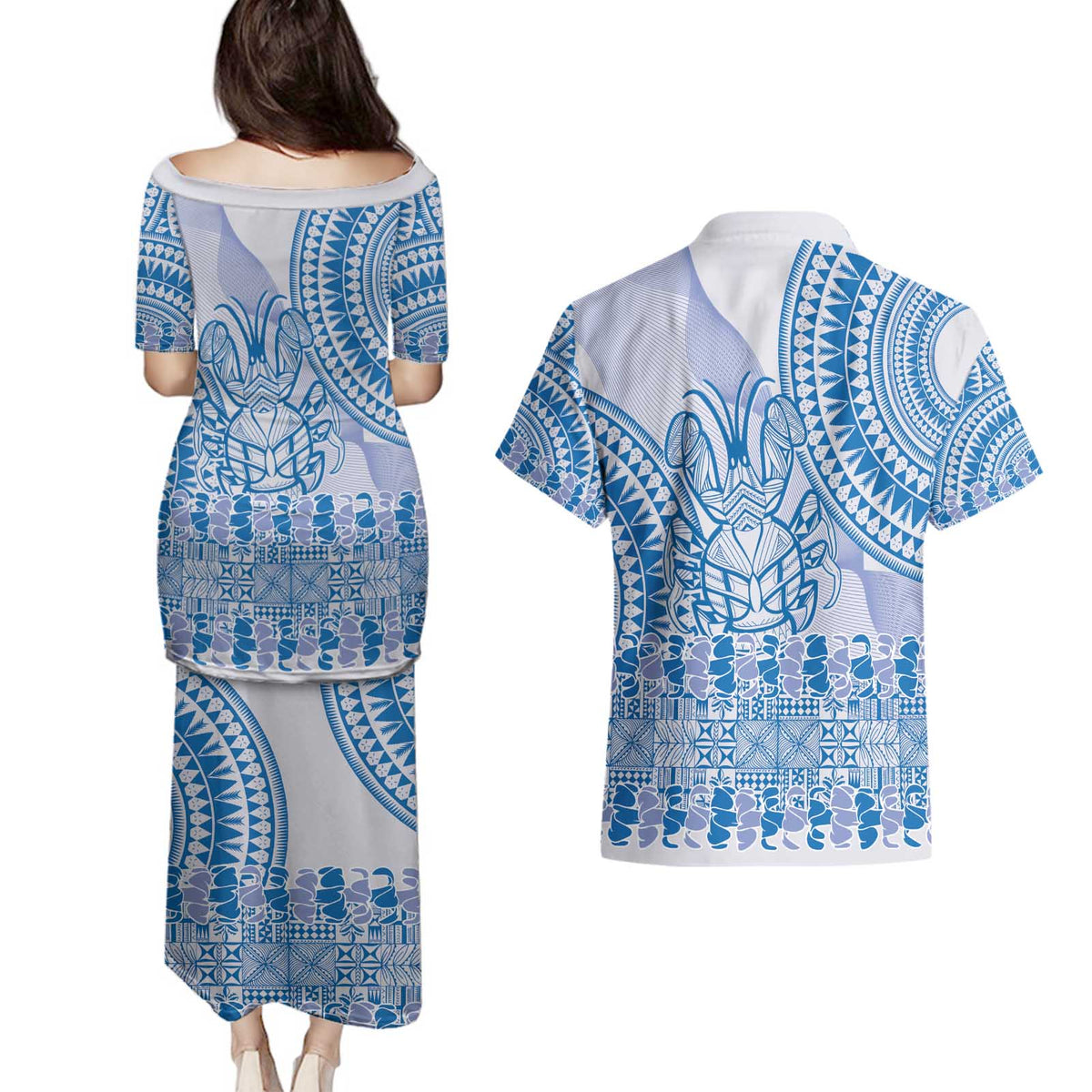 Niue Language Week Couples Matching Puletasi and Hawaiian Shirt The Rock Coconut Crab - Siapo Blue Pastel
