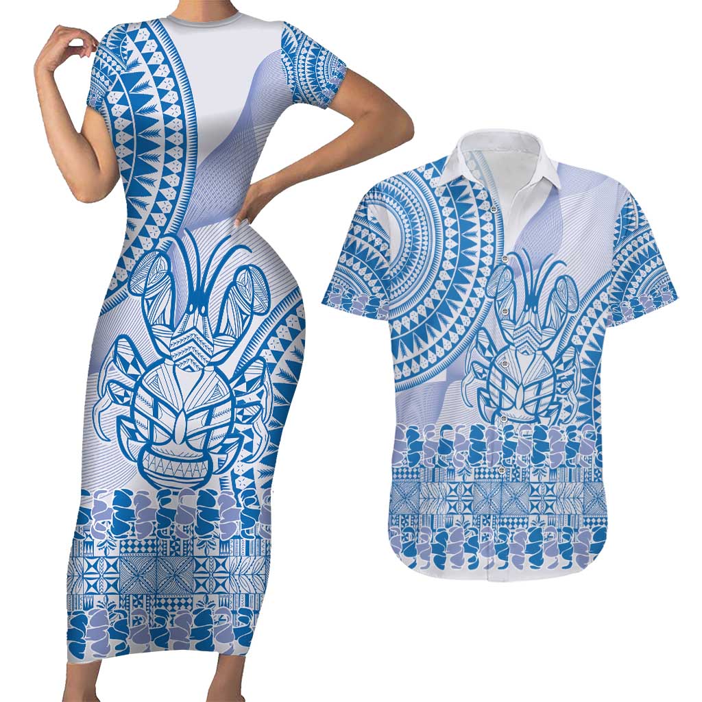 Niue Language Week Couples Matching Short Sleeve Bodycon Dress and Hawaiian Shirt The Rock Coconut Crab - Siapo Blue Pastel LT14 Blue - Polynesian Pride