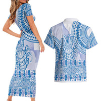 Niue Language Week Couples Matching Short Sleeve Bodycon Dress and Hawaiian Shirt The Rock Coconut Crab - Siapo Blue Pastel LT14 - Polynesian Pride
