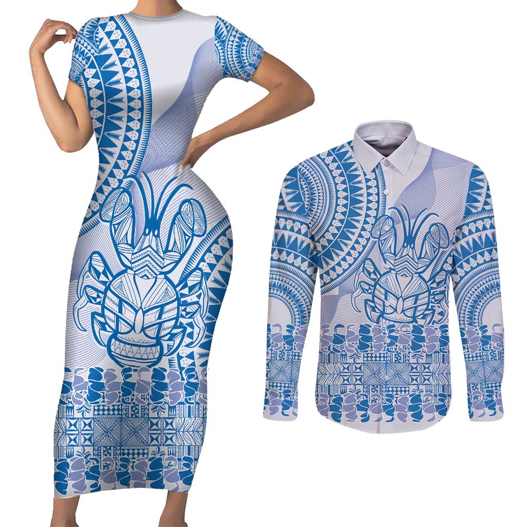 Niue Language Week Couples Matching Short Sleeve Bodycon Dress and Long Sleeve Button Shirt The Rock Coconut Crab - Siapo Blue Pastel LT14 Blue - Polynesian Pride