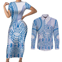 Niue Language Week Couples Matching Short Sleeve Bodycon Dress and Long Sleeve Button Shirt The Rock Coconut Crab - Siapo Blue Pastel LT14 Blue - Polynesian Pride