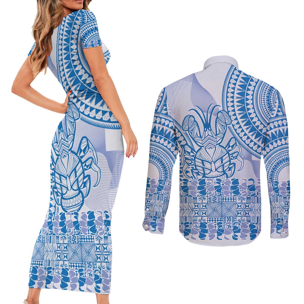 Niue Language Week Couples Matching Short Sleeve Bodycon Dress and Long Sleeve Button Shirt The Rock Coconut Crab - Siapo Blue Pastel LT14 - Polynesian Pride