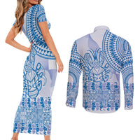 Niue Language Week Couples Matching Short Sleeve Bodycon Dress and Long Sleeve Button Shirt The Rock Coconut Crab - Siapo Blue Pastel LT14 - Polynesian Pride