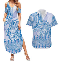 Niue Language Week Couples Matching Summer Maxi Dress and Hawaiian Shirt The Rock Coconut Crab - Siapo Blue Pastel LT14 Blue - Polynesian Pride