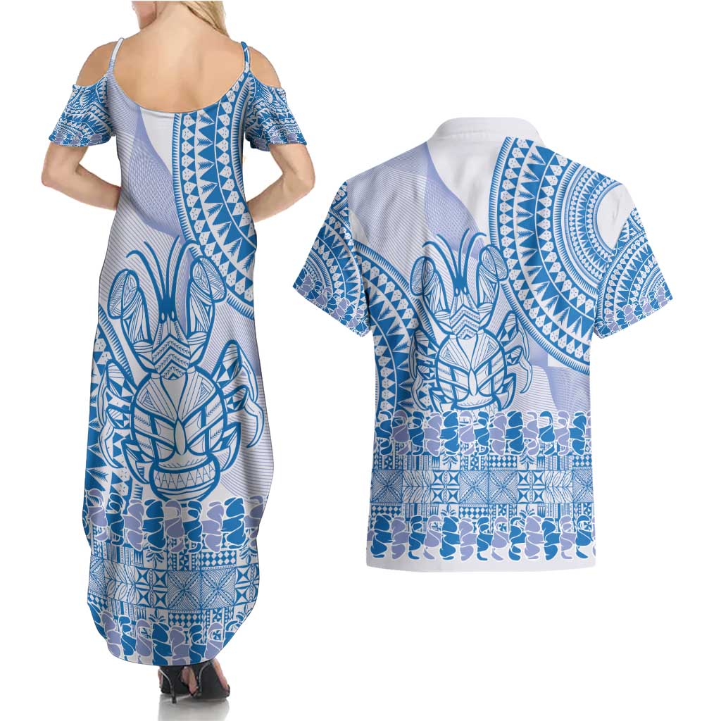 Niue Language Week Couples Matching Summer Maxi Dress and Hawaiian Shirt The Rock Coconut Crab - Siapo Blue Pastel LT14 - Polynesian Pride