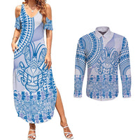 Niue Language Week Couples Matching Summer Maxi Dress and Long Sleeve Button Shirt The Rock Coconut Crab - Siapo Blue Pastel