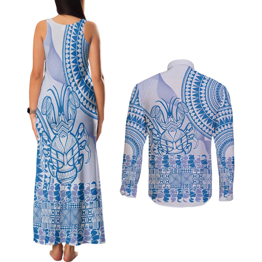 Niue Language Week Couples Matching Tank Maxi Dress and Long Sleeve Button Shirt The Rock Coconut Crab - Siapo Blue Pastel LT14 - Polynesian Pride