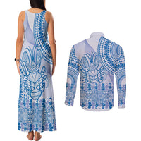 Niue Language Week Couples Matching Tank Maxi Dress and Long Sleeve Button Shirt The Rock Coconut Crab - Siapo Blue Pastel LT14 - Polynesian Pride