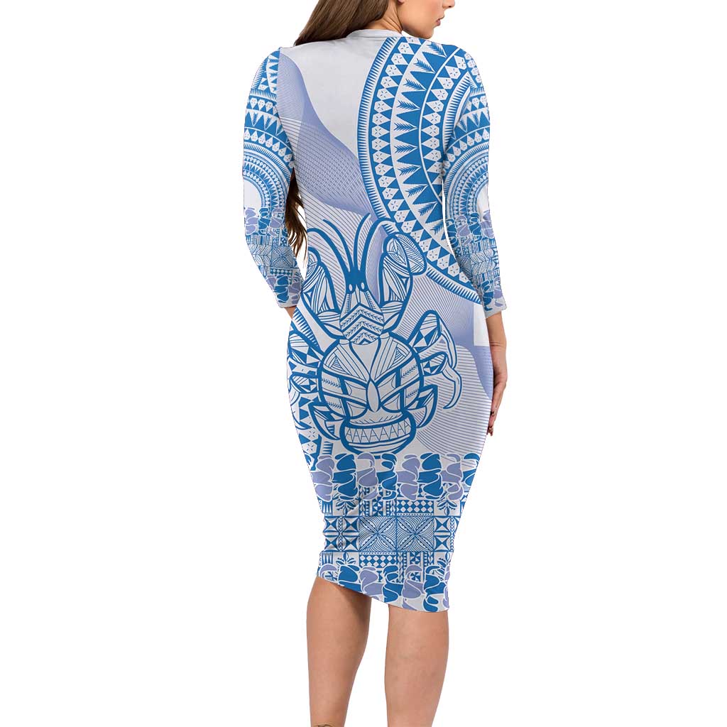 Niue Language Week Family Matching Long Sleeve Bodycon Dress and Hawaiian Shirt The Rock Coconut Crab - Siapo Blue Pastel LT14 - Polynesian Pride