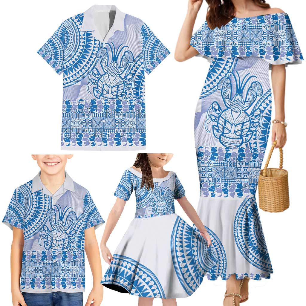 Niue Language Week Family Matching Mermaid Dress and Hawaiian Shirt The Rock Coconut Crab - Siapo Blue Pastel LT14 - Polynesian Pride