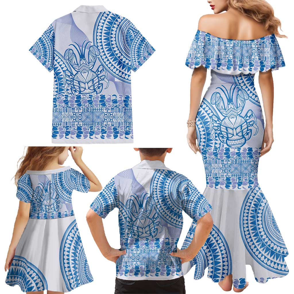 Niue Language Week Family Matching Mermaid Dress and Hawaiian Shirt The Rock Coconut Crab - Siapo Blue Pastel LT14 - Polynesian Pride
