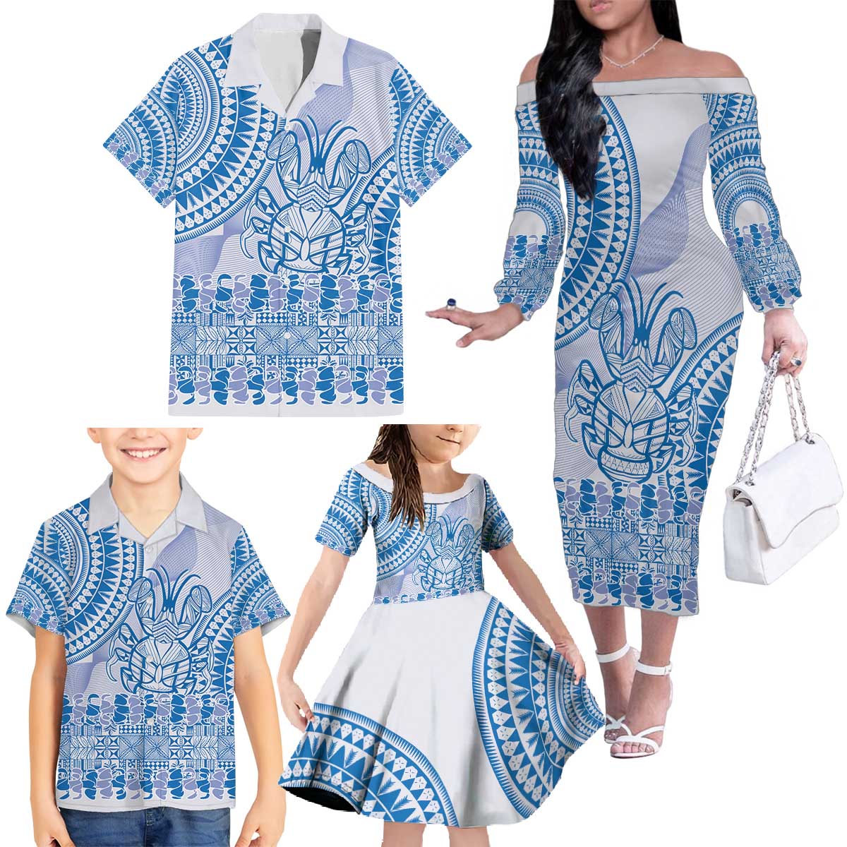 Niue Language Week Family Matching Off The Shoulder Long Sleeve Dress and Hawaiian Shirt The Rock Coconut Crab - Siapo Blue Pastel LT14 - Polynesian Pride