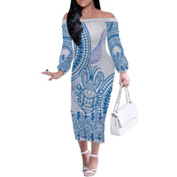 Niue Language Week Family Matching Off The Shoulder Long Sleeve Dress and Hawaiian Shirt The Rock Coconut Crab - Siapo Blue Pastel LT14 Mom's Dress Blue - Polynesian Pride