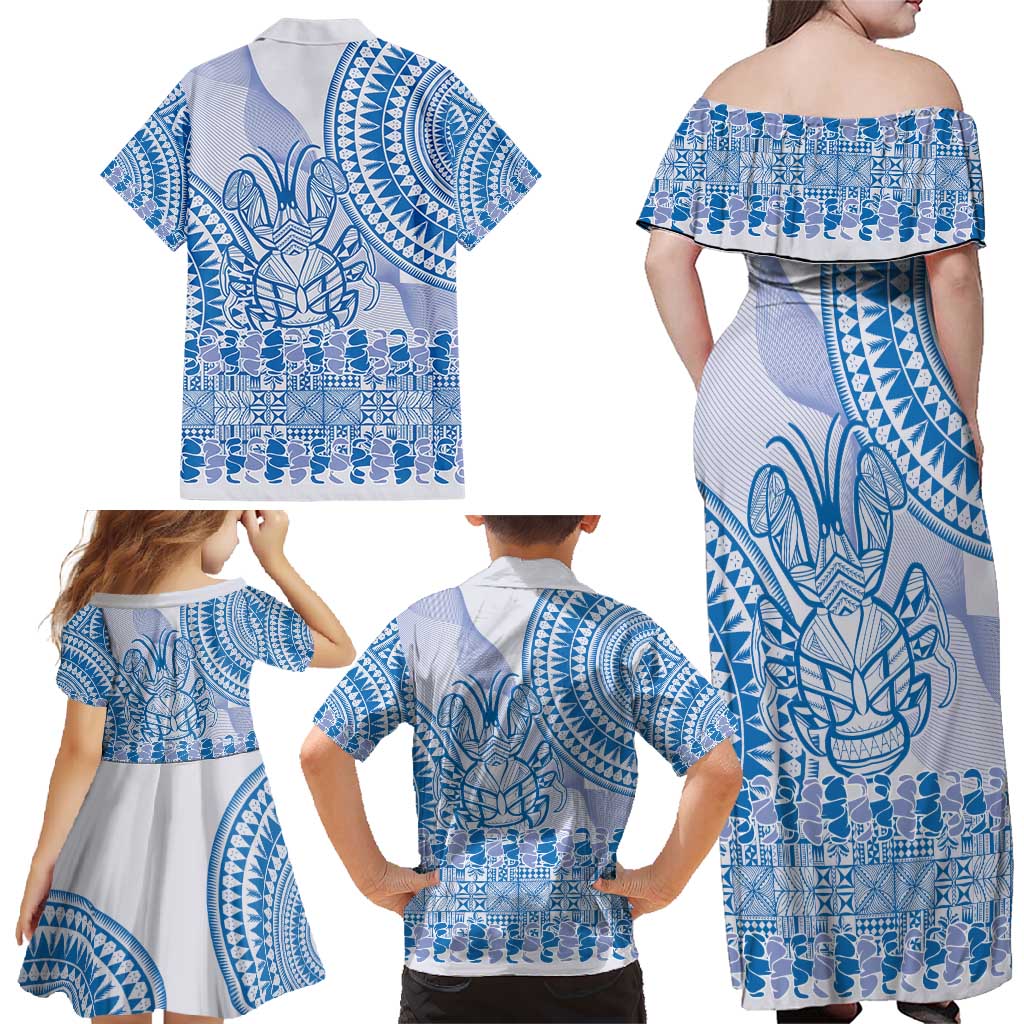 Niue Language Week Family Matching Off Shoulder Maxi Dress and Hawaiian Shirt The Rock Coconut Crab - Siapo Blue Pastel LT14 - Polynesian Pride