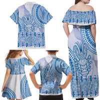 Niue Language Week Family Matching Off Shoulder Maxi Dress and Hawaiian Shirt The Rock Coconut Crab - Siapo Blue Pastel LT14 - Polynesian Pride